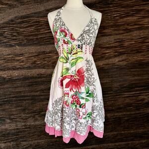 Aryeh Anthropologie Halter Embroidered Dress Sz L Floral Print Lined Ruffle Hem